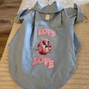 Denim Dog Shirt with Flamingo and Love Design